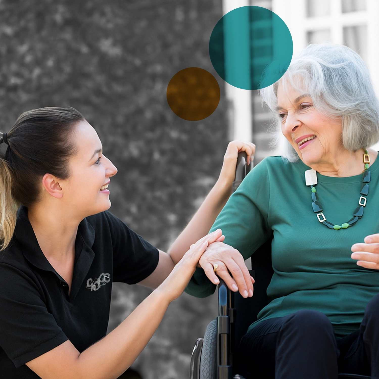 Carer talking to older woman in a wheelchair