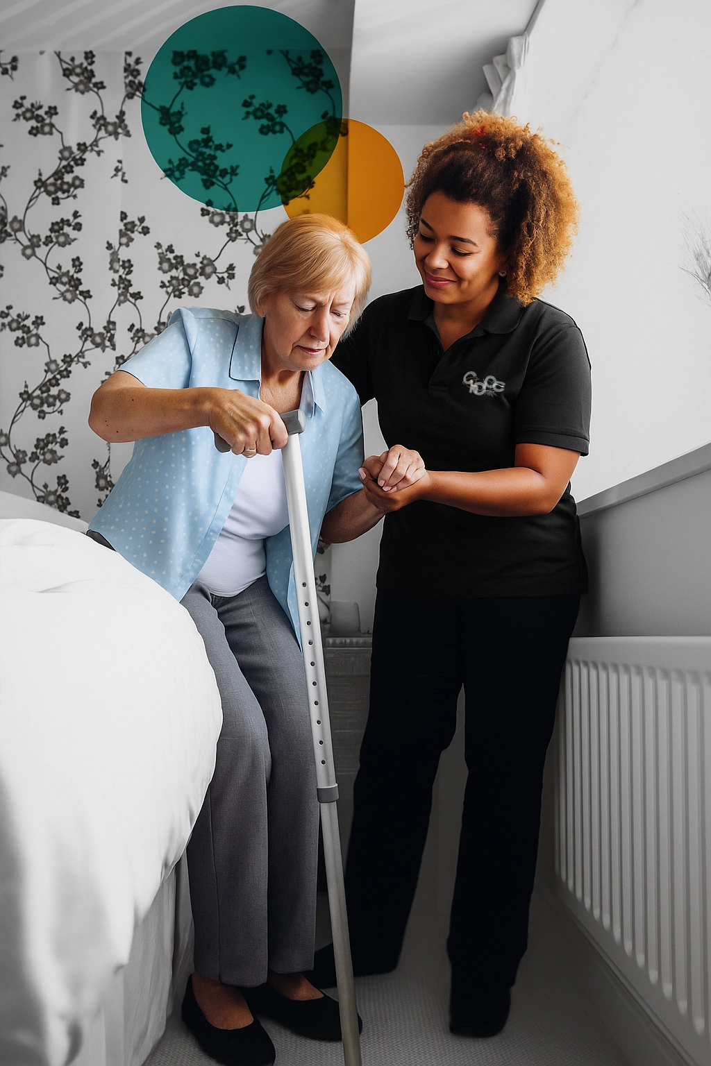 Carer helping an older lady up off the bed